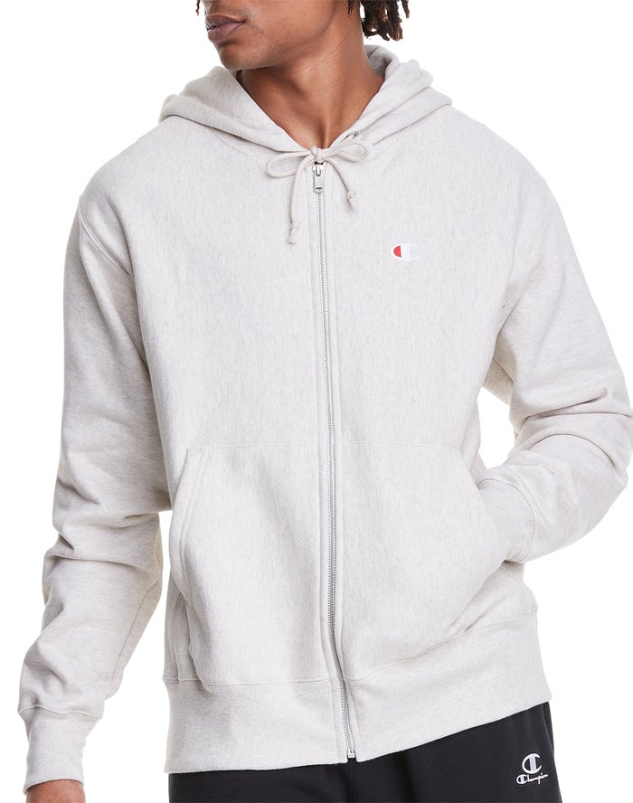 Champion Herre Hættetrøje Hvide - Reverse Weave Full Zip C Logo - Danmark ZVW-798023